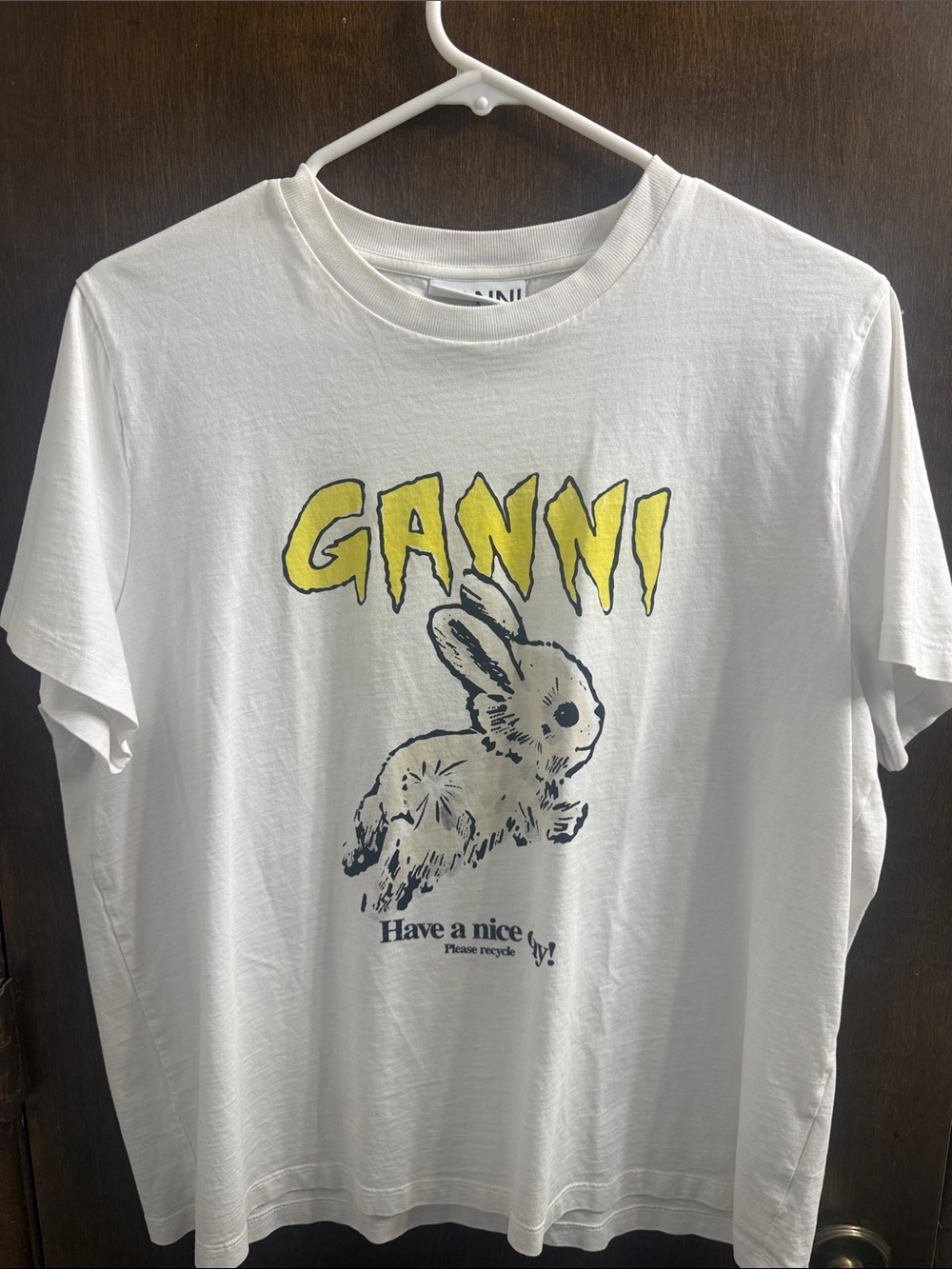 Ganni White Tee with Yellow Logo and Navy Bunny Graphic
